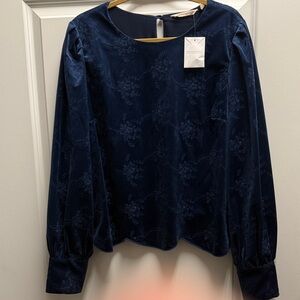 New Soft Surroundings Navy Floral Velvet Long-Sleeve Blouse - Women's Top